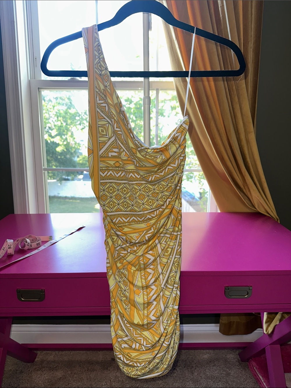 Olivaceous Yellow Geometric One-Shoulder Dress